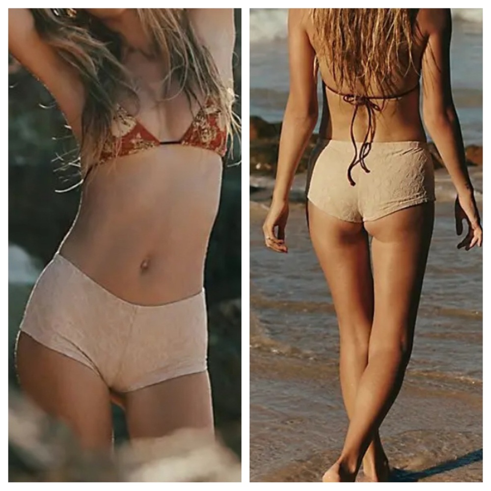 Free People Lace High-Waist Bikini Bottoms in Cream with Red Paisley Top